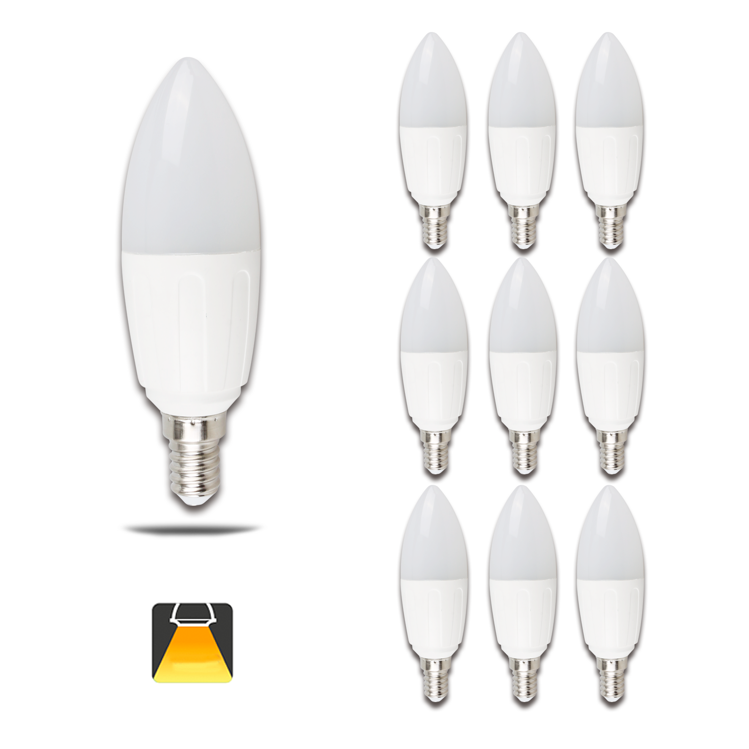 Aigostar -Pack de 10 bombillas led c37 vela, 9w equivalente a 65W ,casquillo delgado E14,no regulable , Luz calida 3000k ,675lm  [Clase de eficiencia energética A+]