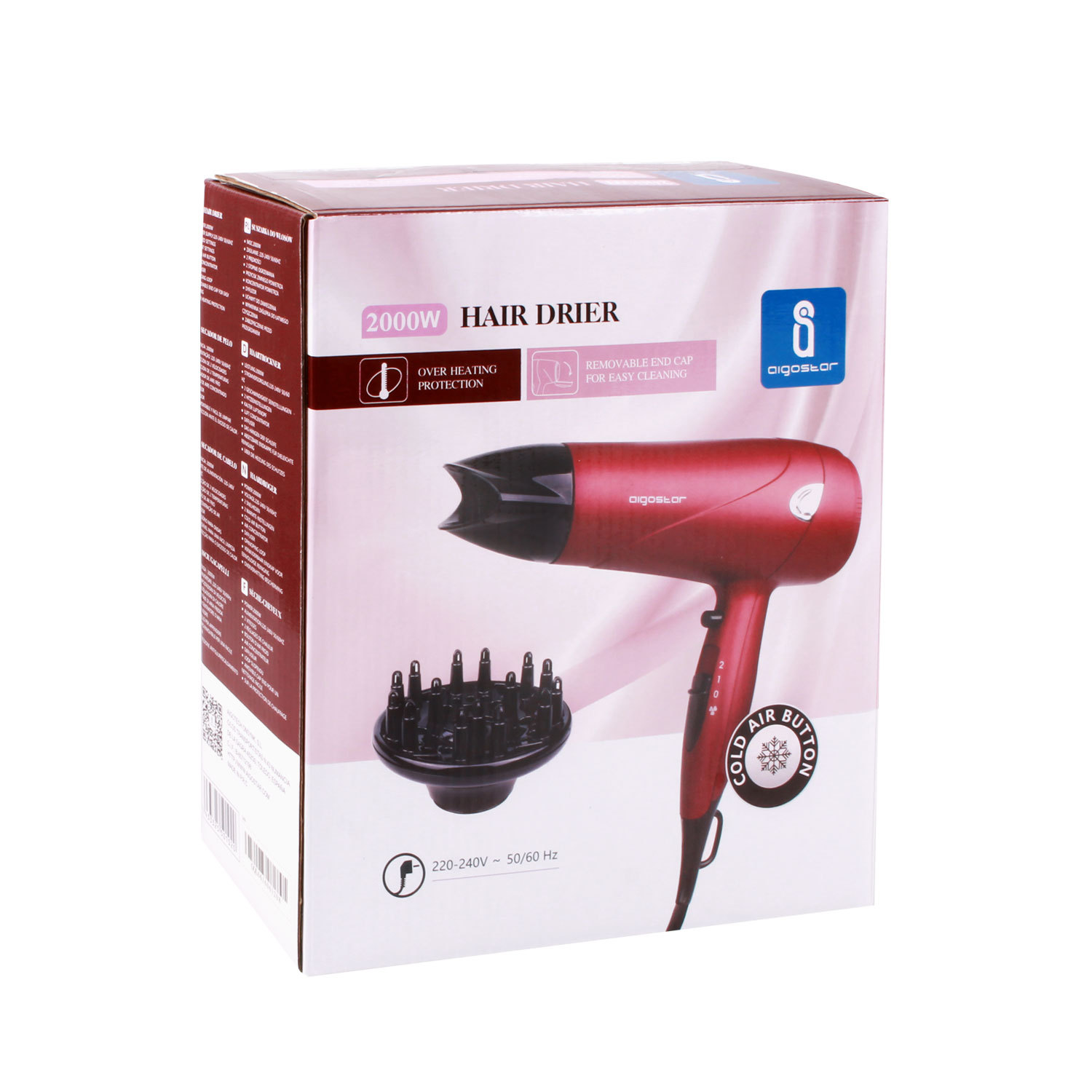Aigostar - Sèche-cheveux professionnel de couleur rouge mat avec diffuseur et accessoires. 2000 W. Design exclusif d'Aigostar.(1)