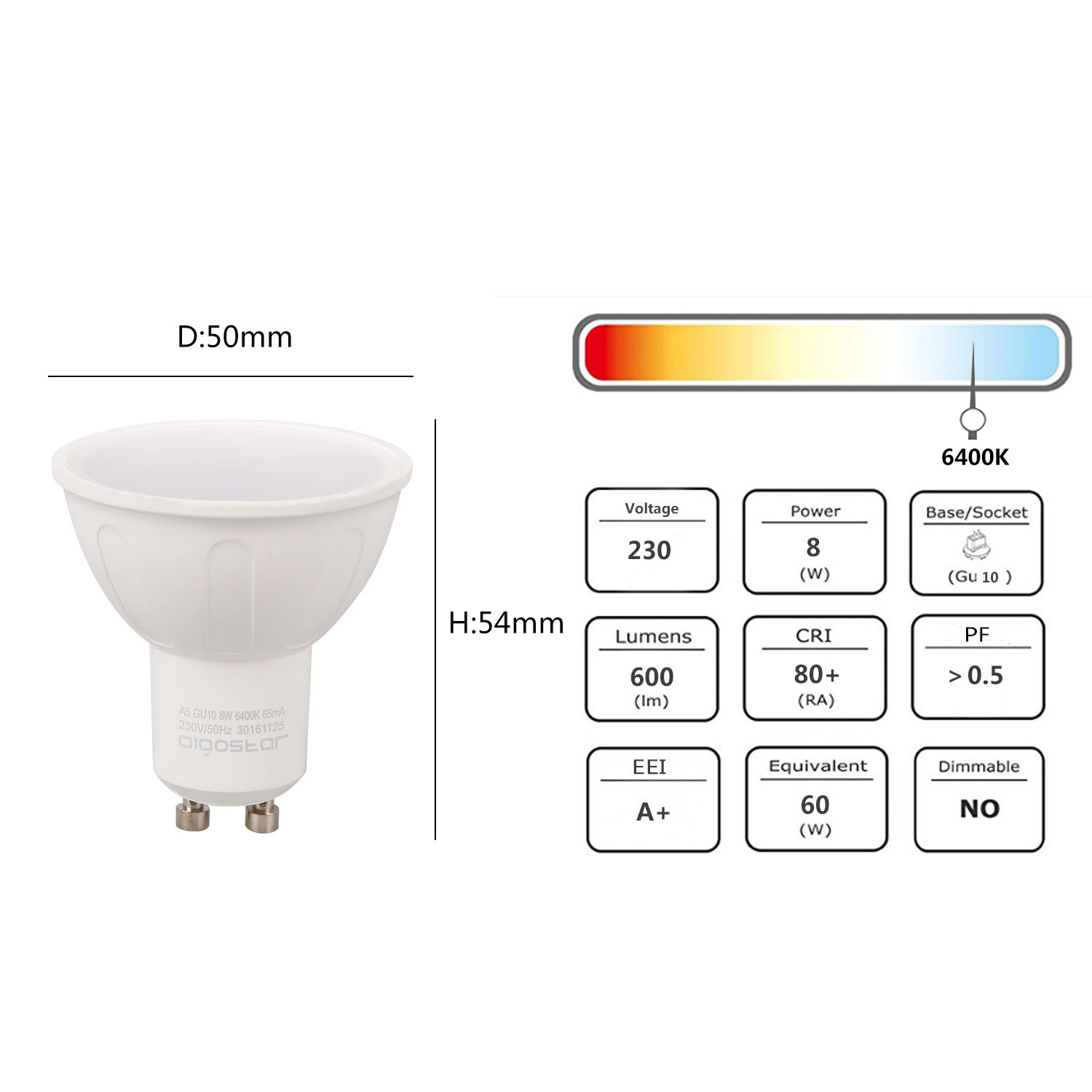 Aigostar -Bombilla LED 8W GU10 ,  Luz blanca fría 6400K, 600lm, 8W Equivalente a 60Watt Lámpara Incandescente,Paquete de 10 Unidades [Clase de eficiencia energética A+]