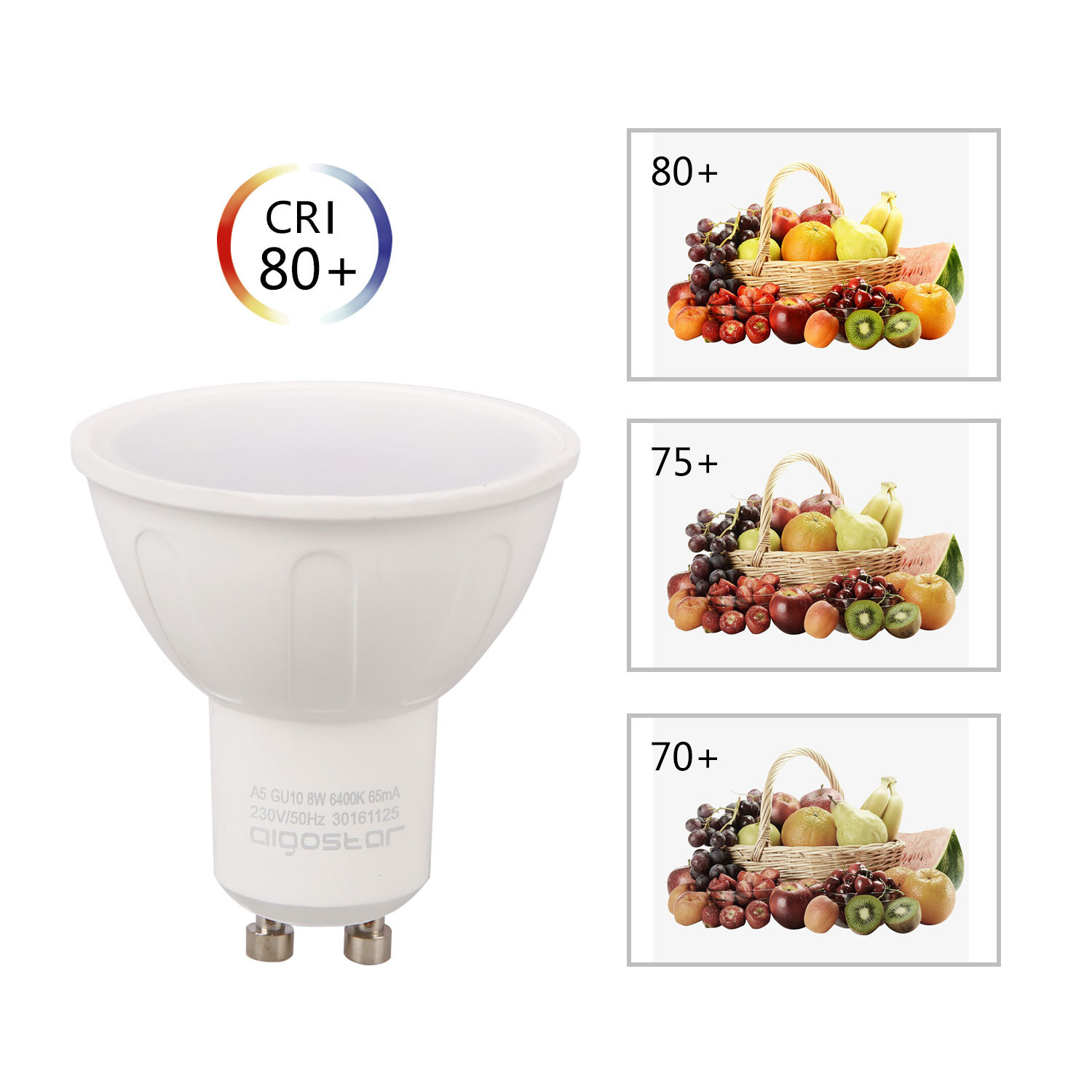Aigostar -Bombilla LED 8W GU10 ,  Luz blanca fría 6400K, 600lm, 8W Equivalente a 60Watt Lámpara Incandescente,Paquete de 5 Unidades [Clase de eficiencia energética A+]