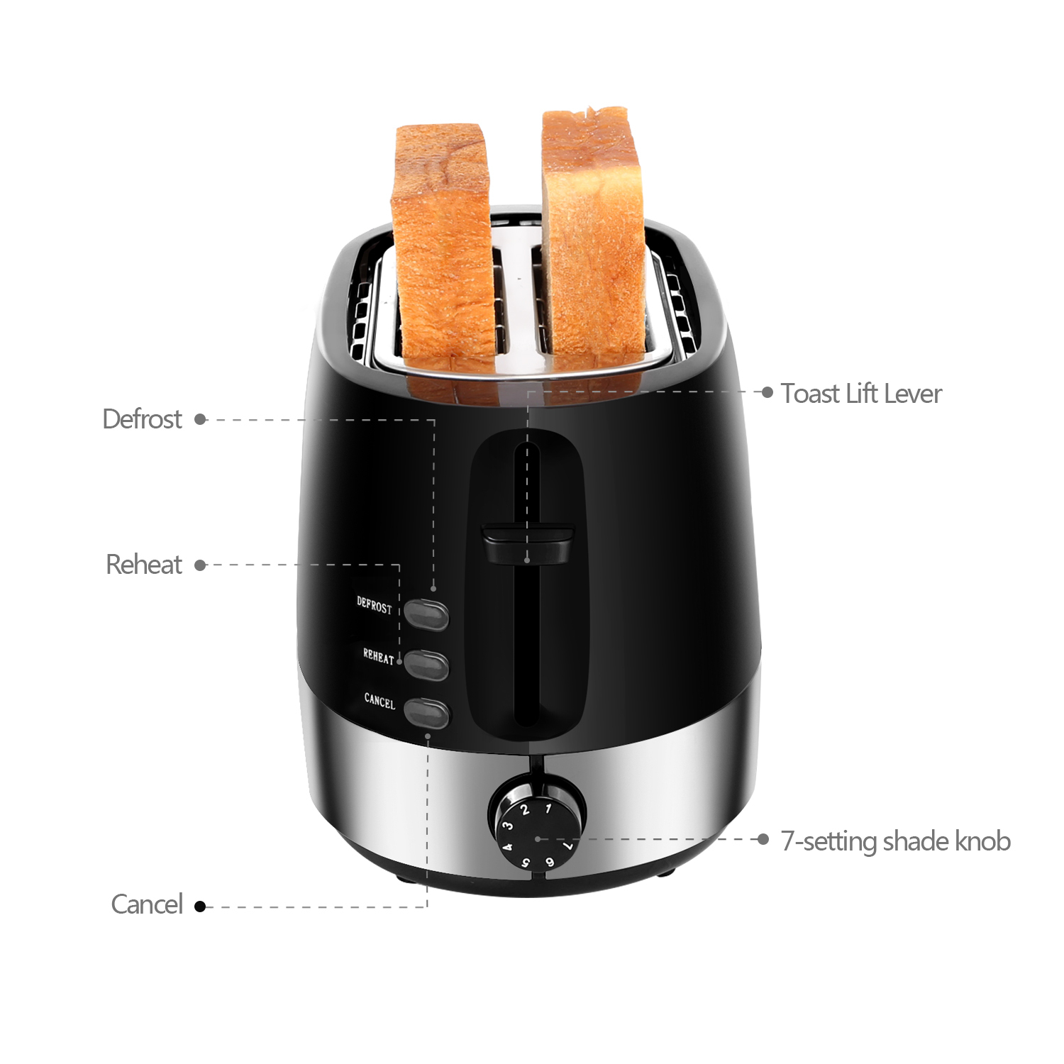 Aigostar Brotchen Black 30HIL –Tostador para 2 rebanadas con 7 niveles de tostado, 850W. Rejilla calientabollos integrada. Función descongelación y recalentar. Libre de BPA. Diseño exclusivo.(6)