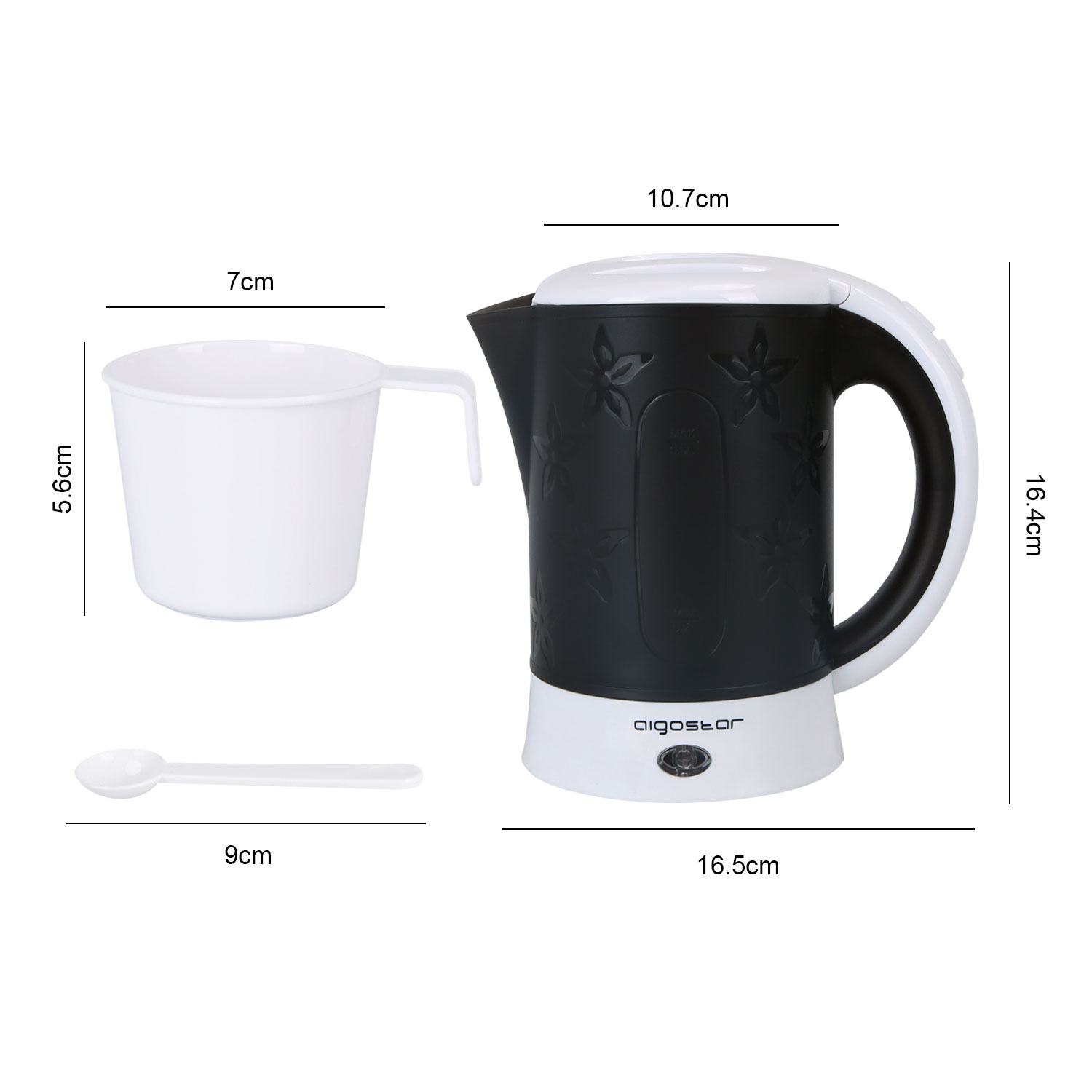 Aigostar Cooltravel 30JQL 650W Travel Electric Kettle Auto Shut Off with Boil-Dry Protection 0.6L Mini Water Pot Black. BPA Free Includes 2 Cups and 2 Spoons