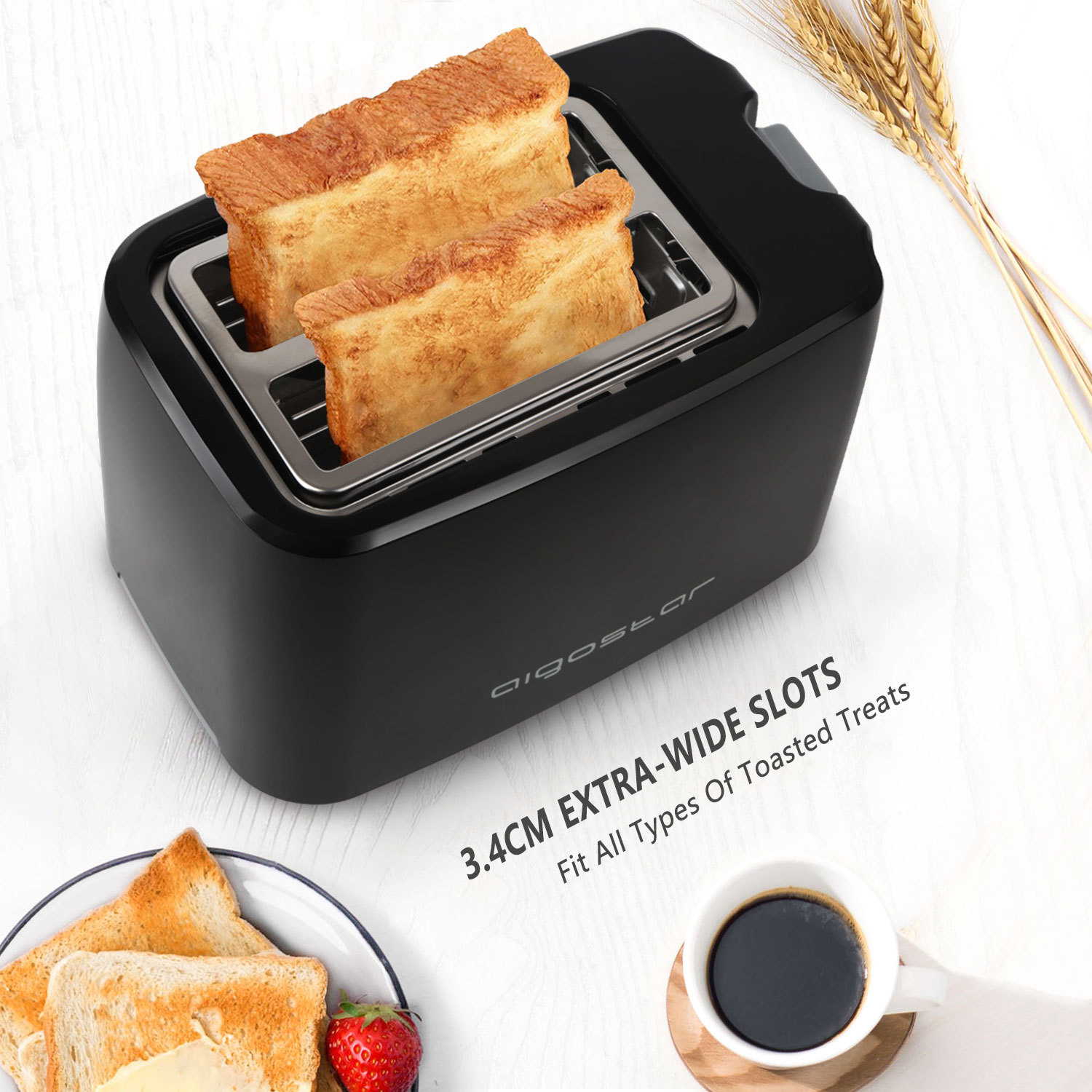 Aigostar Toaster,7 einstellbare Bräunungsstufe + Auftau- & Aufwärmfunktion,2breite Toastschlitze,750W,Toaster schwarz