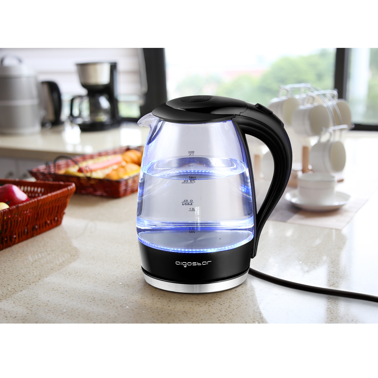 Aigostar Adam - Electric Water Kettle 1.7L 57OZ Kitchen Kettle Pot for Tea Coffee with Blue Led(188320)