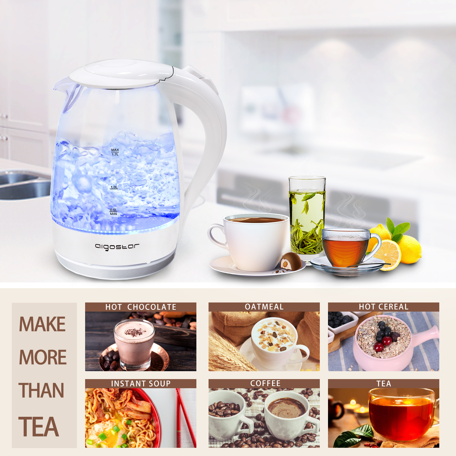 Aigostar Eve - Glass Electric Tea Kettle 1.7L 57OZ Cordless Electric Kettle with Blue Led(188337)