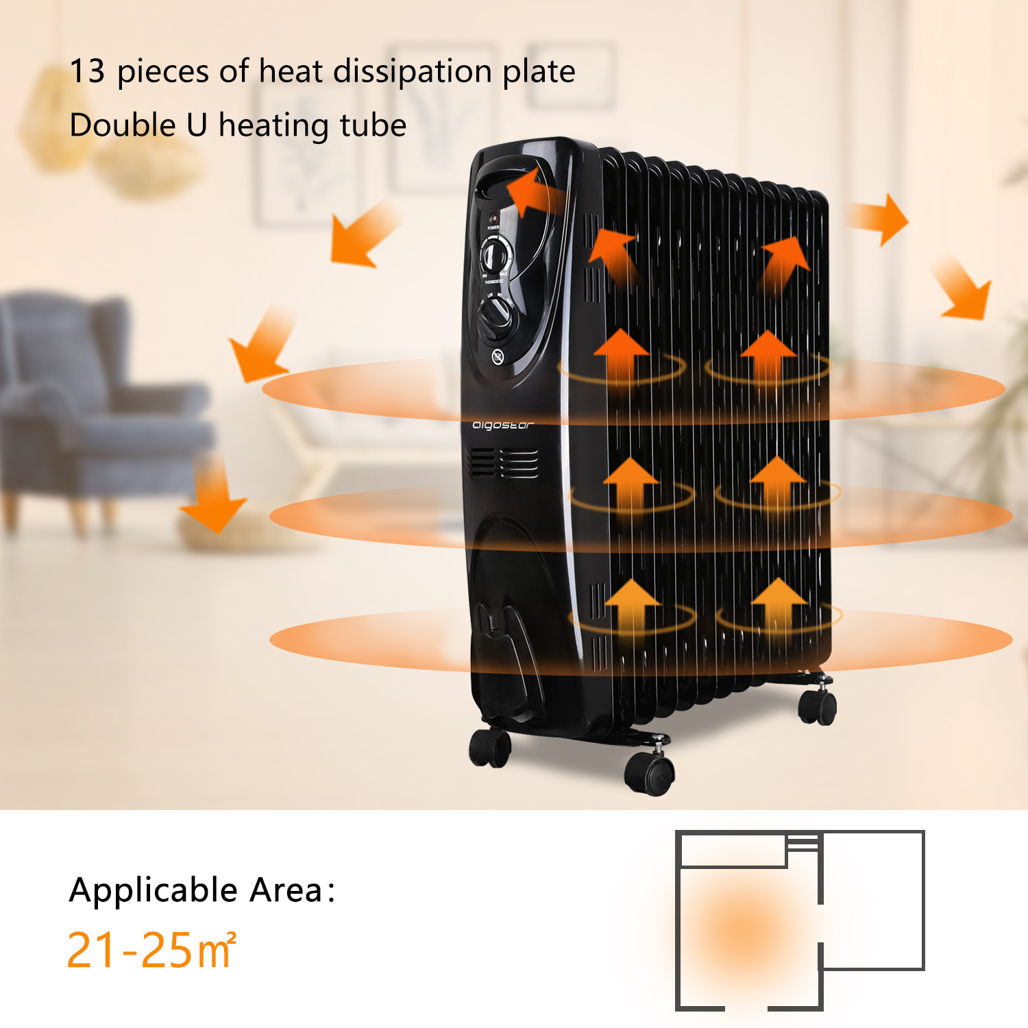 Aigostar Black Forest 33JIF - Safe Heat 2500W Radiatore portatile a olio, 13 elementi con tre regolazioni termiche e controllo termostato. Design esclusivo.