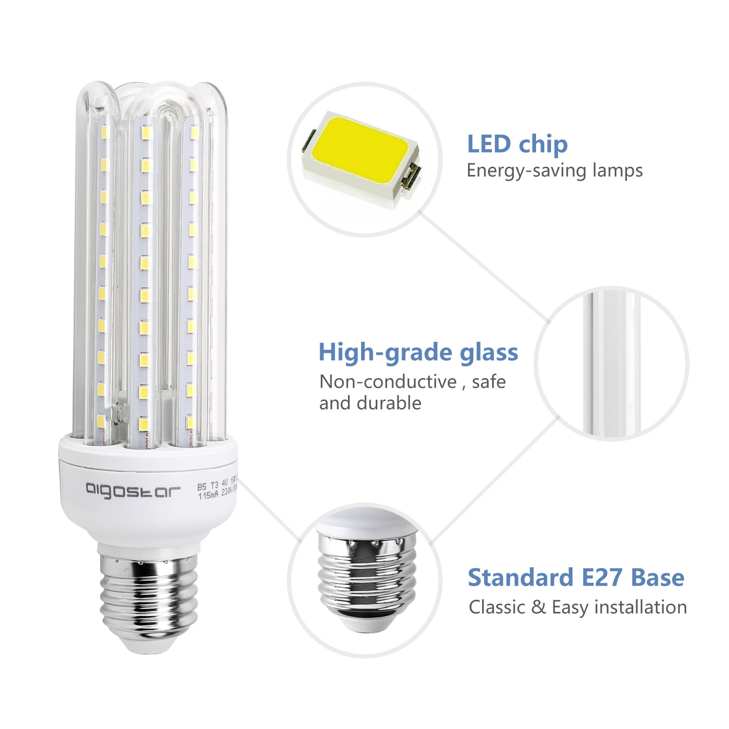Aigostar - LED Lampe E27 4U，15W(ersetzt 83W)， Kaltweißes Licht 6400K，1200 lumen，Multipack mit 5 Lampen.[Energieklasse A+](10)