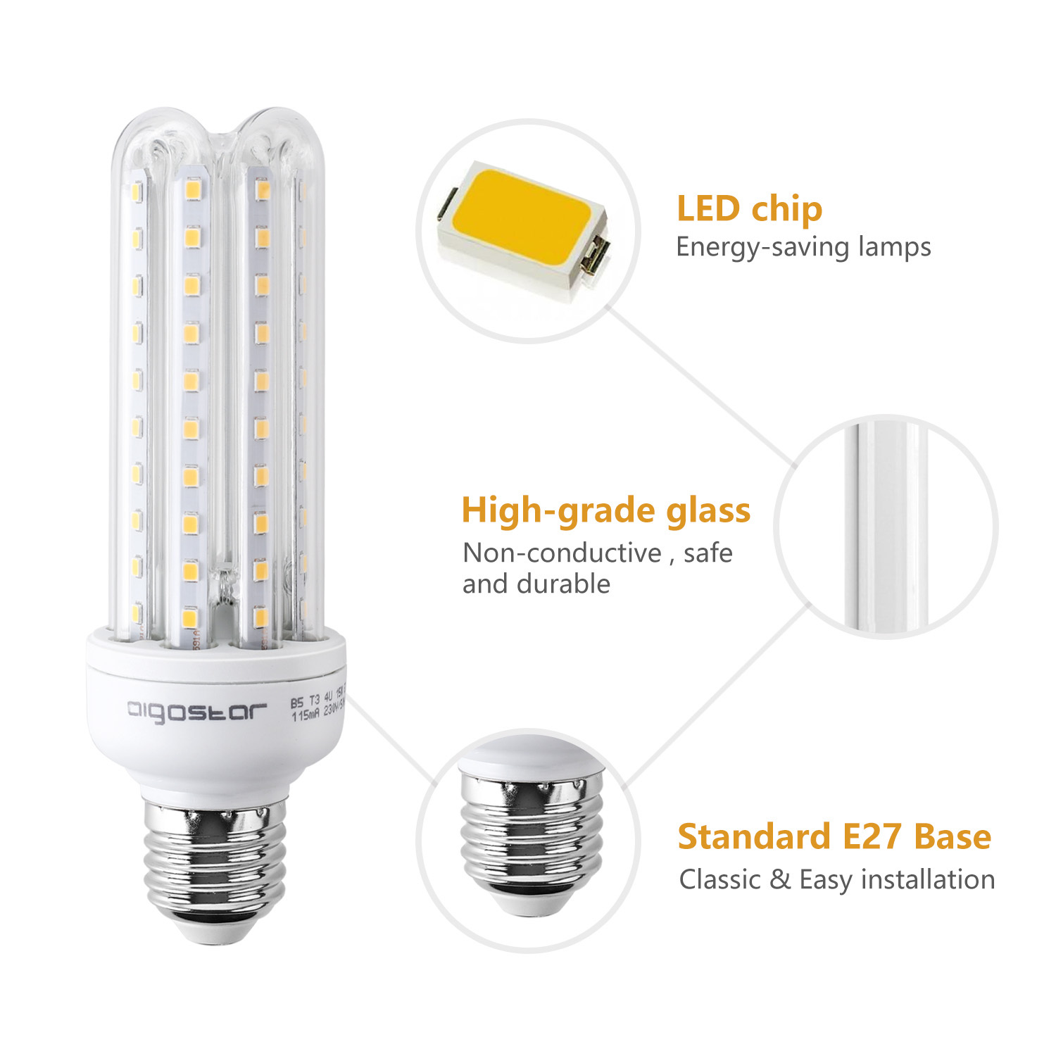 Aigostar - LED Leuchtmittel LED B5 T3 4U E27,  360° großer Abstrahlwinkel, 15W entspricht 83W Glühlampen, 1200 Lumen, warmes Licht 3000K, Multipack mit 5 Lampen.(10)