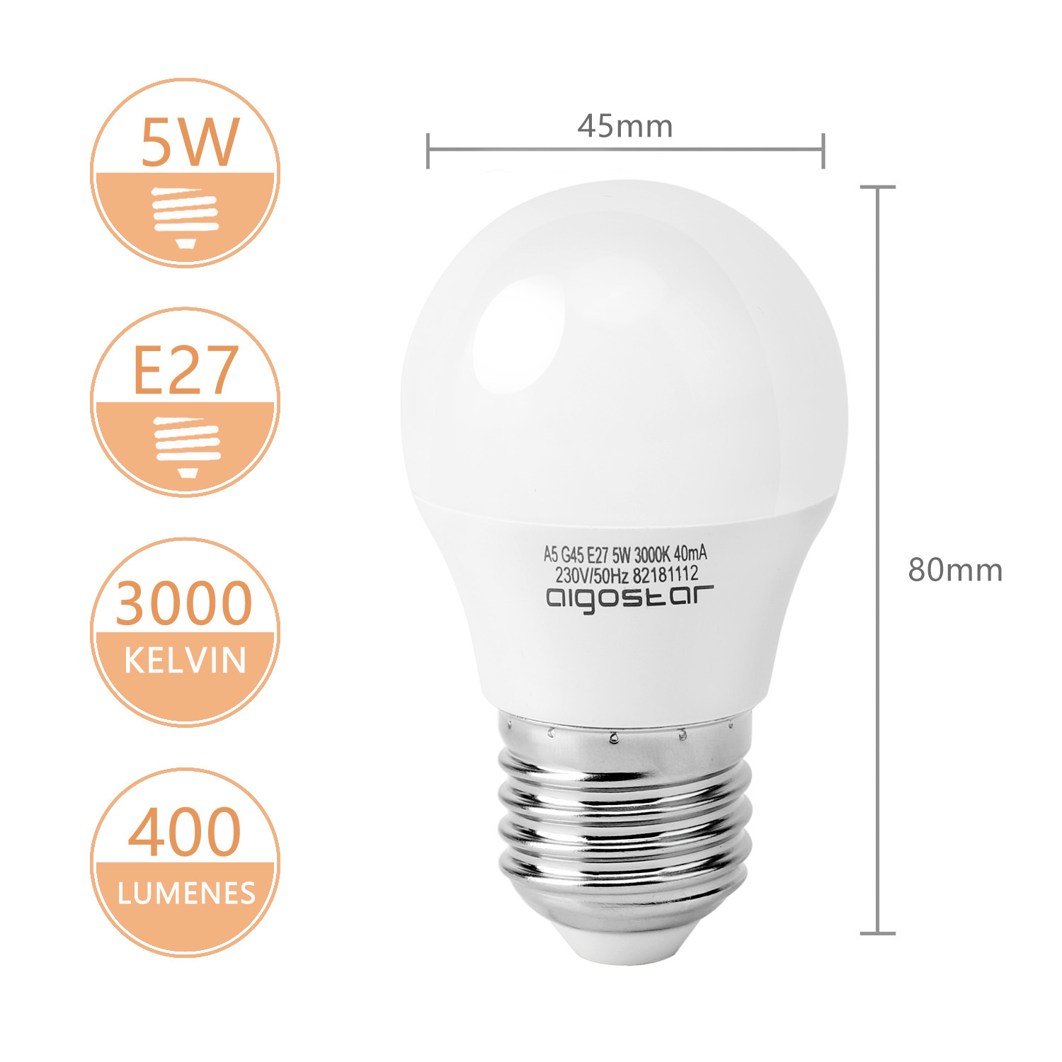 Aigostar - LED Lampe E27, 5W(ersetzt 35W), warmes Licht 3000K, 400 Lumen, 230 Grad Abstrahlwinkel, Multipack mit 10 Lampen.[Energieklasse A+](10)