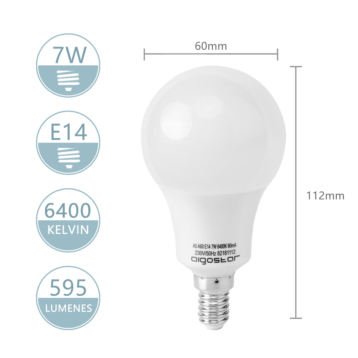 Aigostar - LED Lampe A60 E14, 7W (ersetzt 47W), kaltweißes Licht 6400K, 595 Lumen, Multipack mit 5 Lampen.(10)