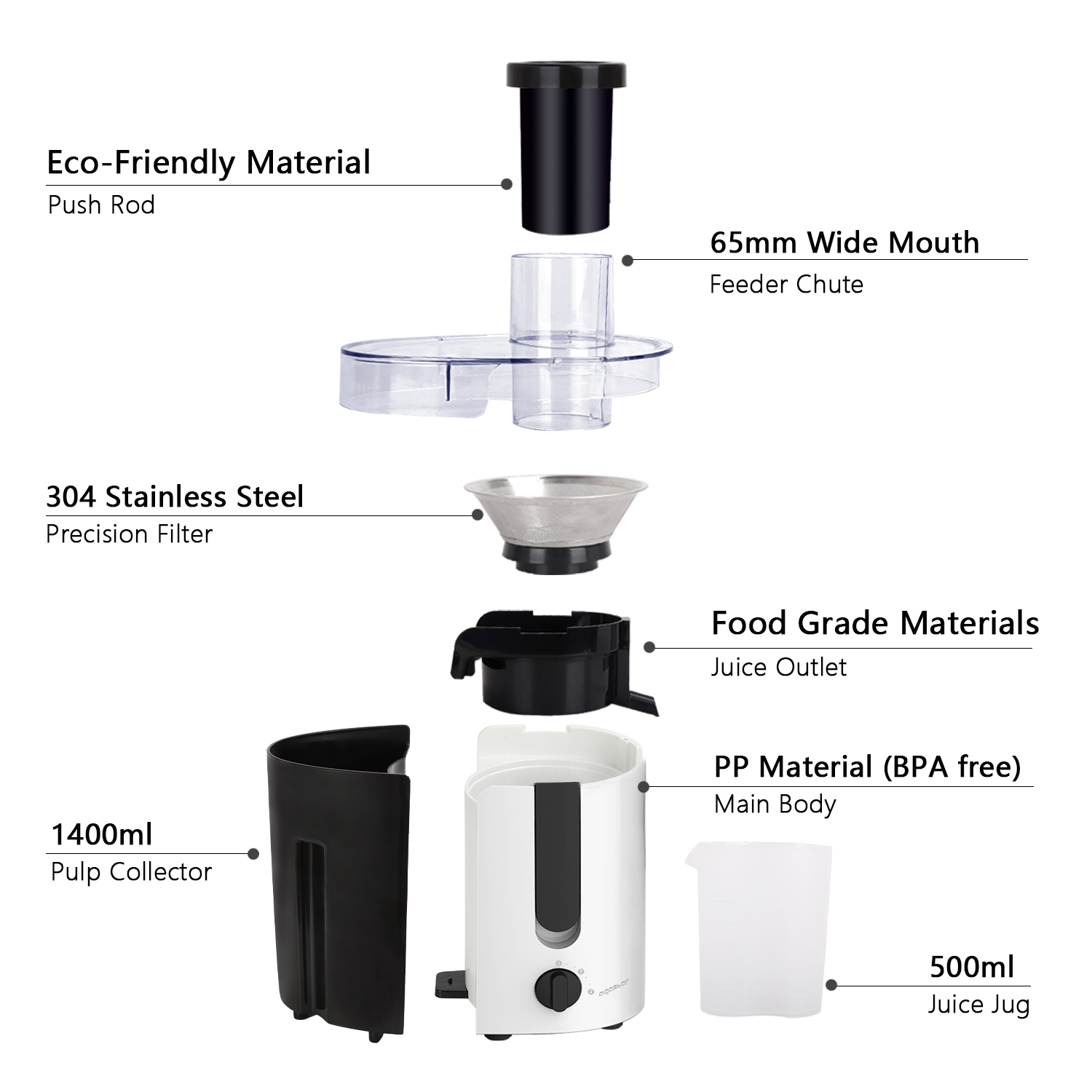 Aigostar Grape - Wide Mouth Juicers, Dual Speed Vegetable Juicer Extractor, Centrifugal Juicer Machine Easy Clean for Celery, Whole Fruit, Anti-drip, Stainless Steel and BPA-Free