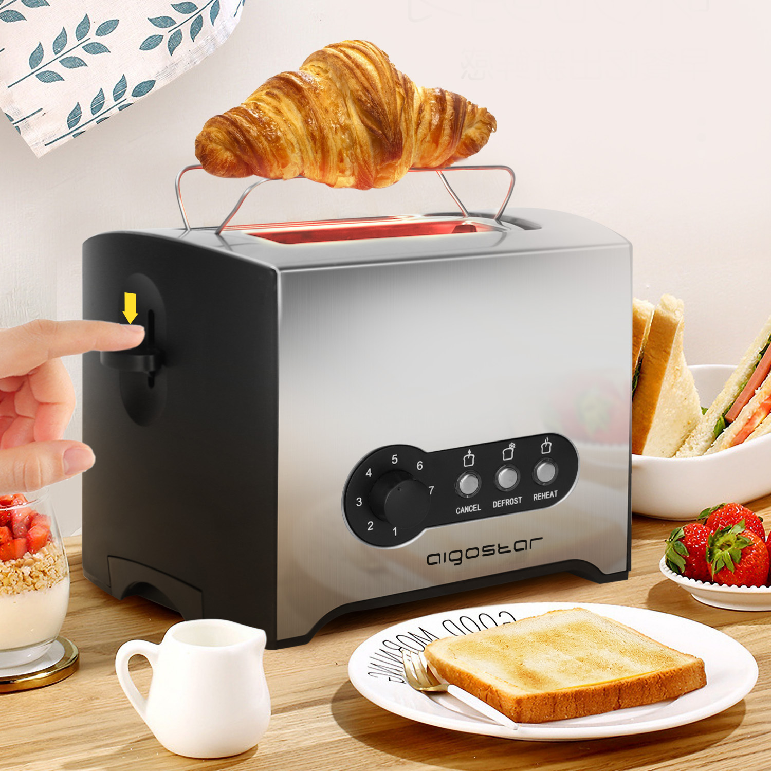 Aigostar Toaster//900W//mit Brötchenaufsatz//2er Toaster-Doppelschlitz//für 2 Scheiben//Aufwärm-Funktion//7 Bräunungsstufen