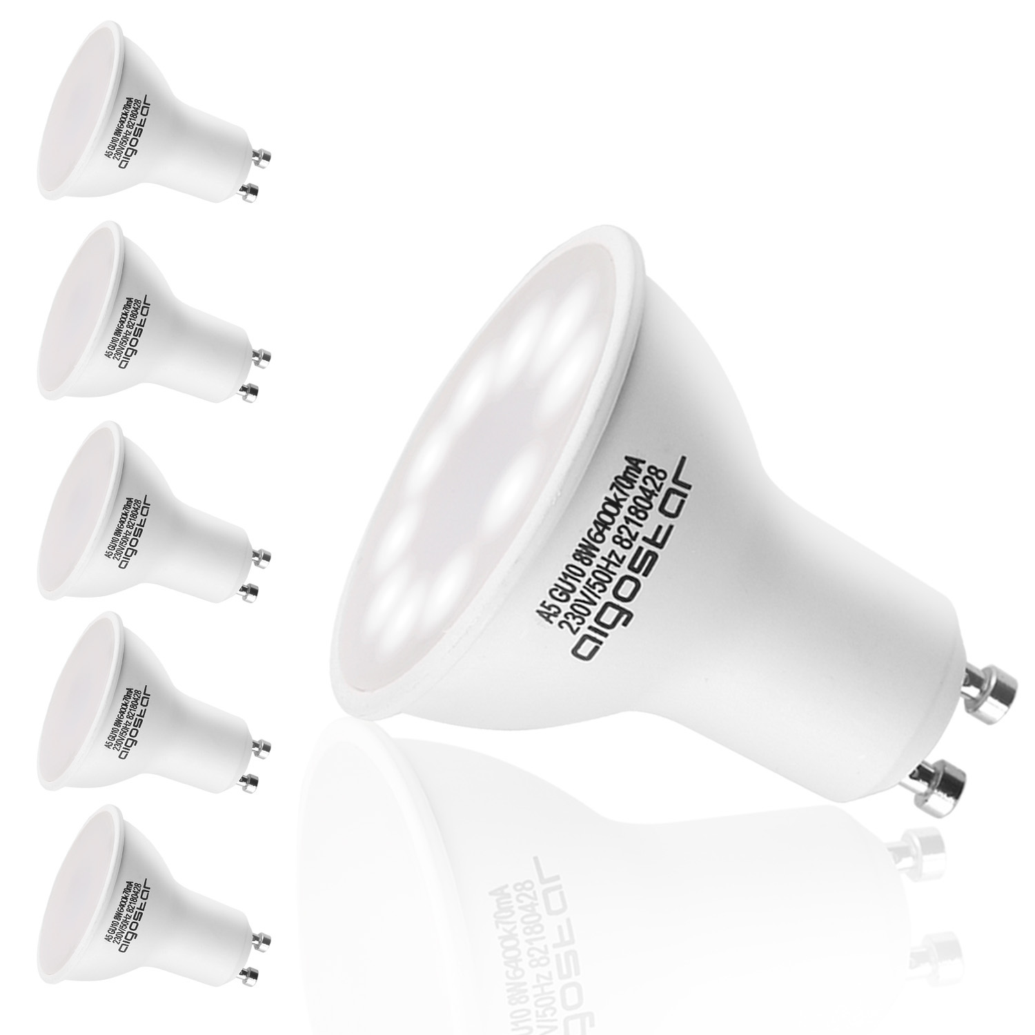 Aigostar -Bombilla LED 8W GU10 ,  Luz blanca fría 6400K, 600lm, 8W Equivalente a 60Watt Lámpara Incandescente,Paquete de 5 Unidades [Clase de eficiencia energética A+]