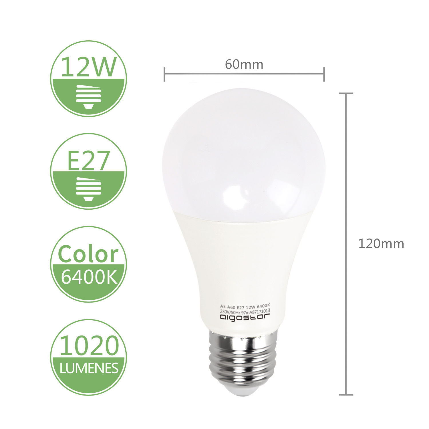 Aigostar - LED Lampe E27, Kaltweißes Licht 6400K，12W(ersetzt 73W), 1020 Lumen, Multipack mit 5 Lampen.[Energieklasse A+](10)