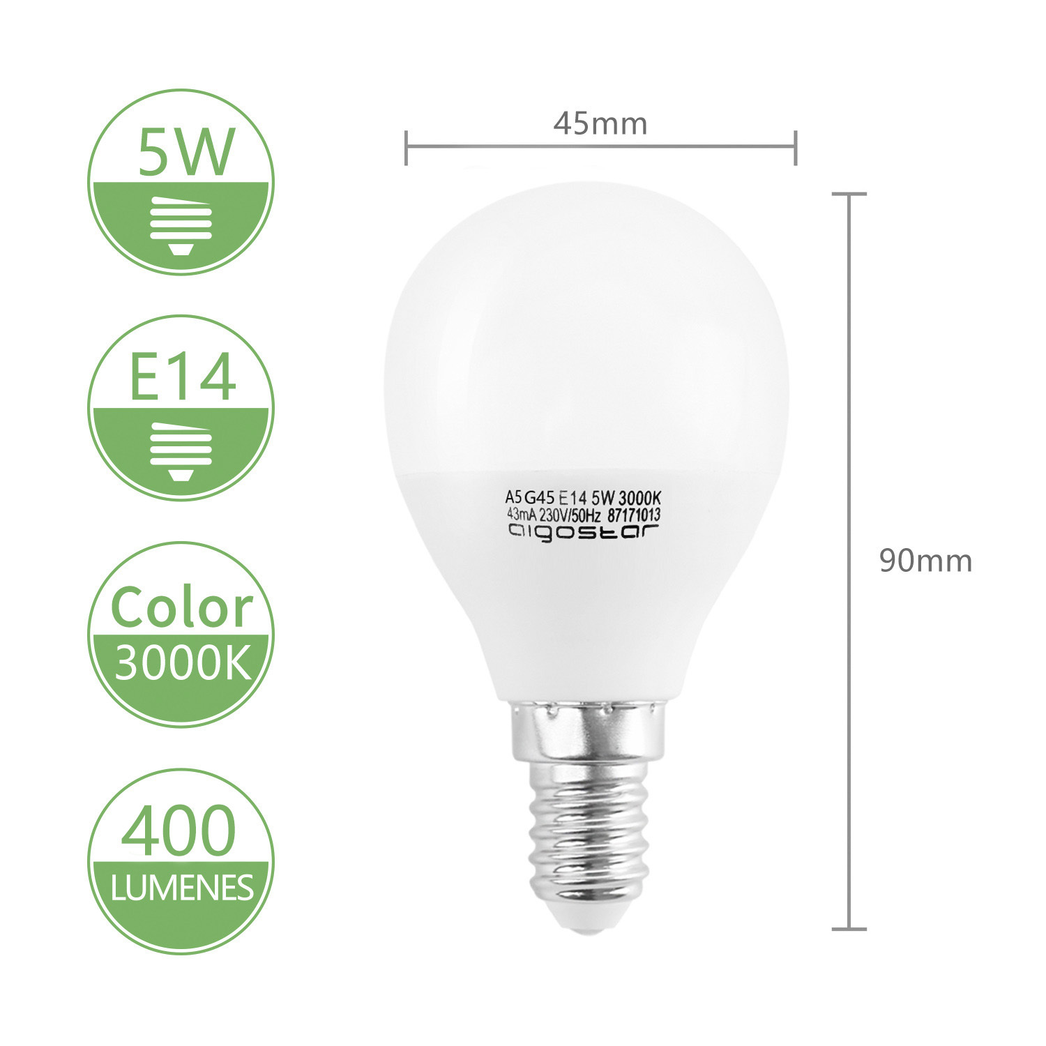Aigostar - Confezione da 5 Lampadine Sfericas LED A5 G45, 5W, Attacco Piccolo E14, Luce Calda 3000K[Classe di efficienza energetica A+]