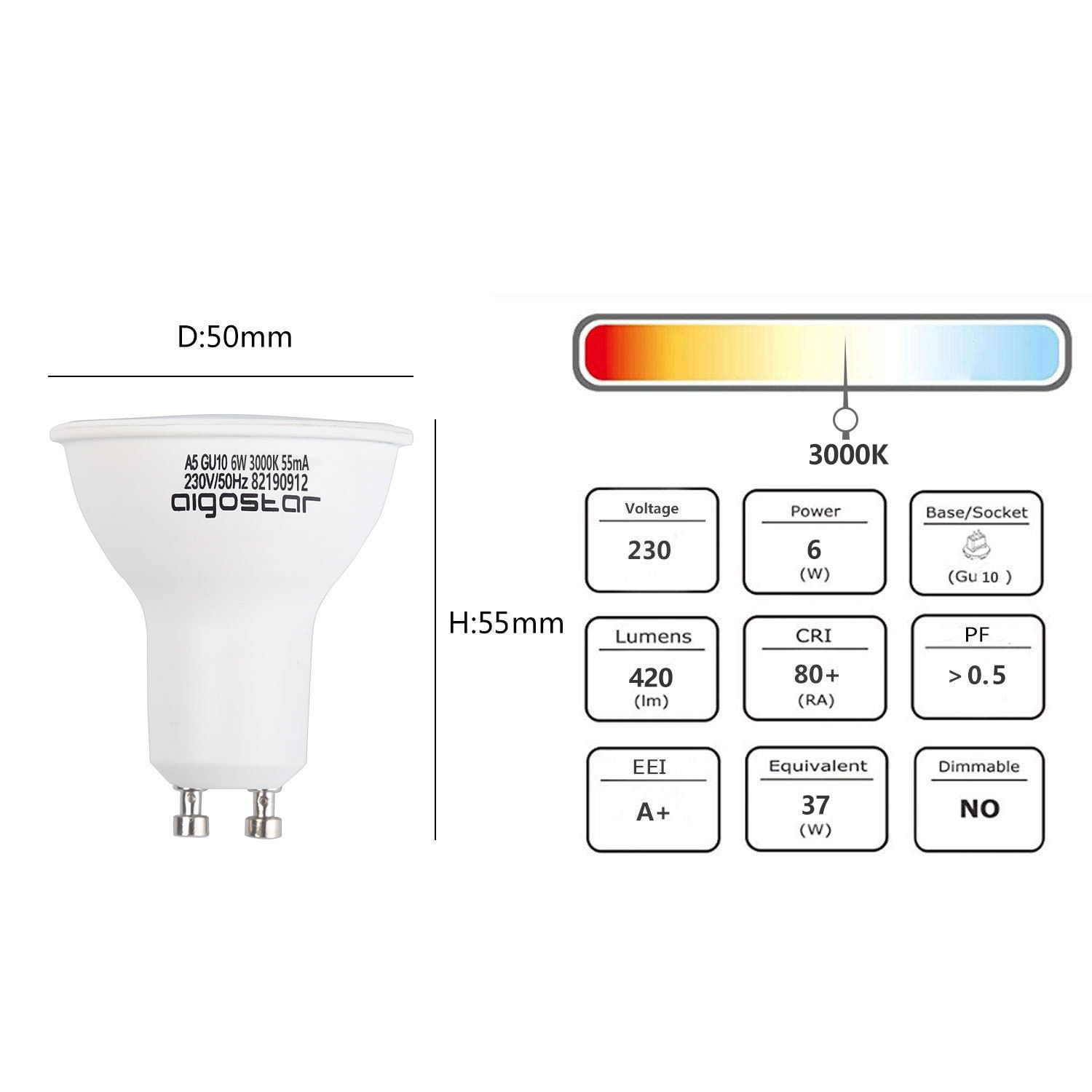 Aigostar - Confezione da 5 Lampadine LED A5 GU10, 6W, 390 lumen, Luce Calda 3000K [Classe di efficienza energetica A+]