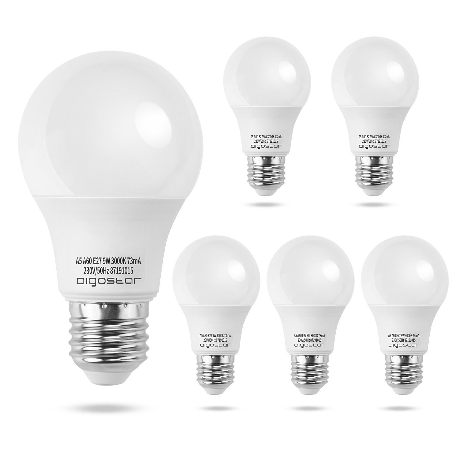 Aigostar - LED Lampadina E27, 9W (equivalenti a 72W), 720 lumen, Luce Calda 3000K，Pacco da 5.