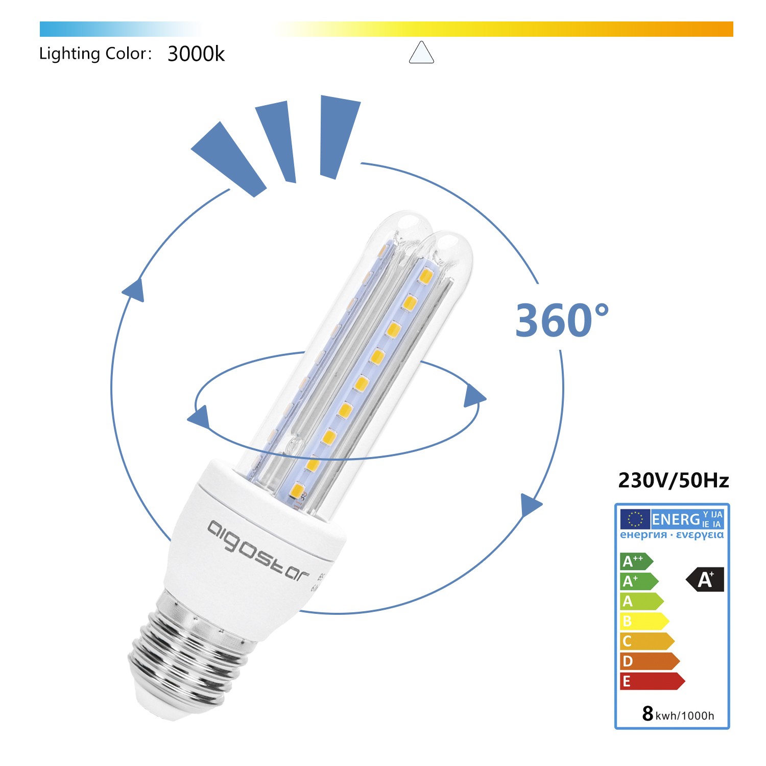 Aigostar - Confezione da 5 Lampadine LED B5 T3 2U, 8W, E27, 640 lumen, Luce Calda 3000K [Classe di efficienza energetica A+]