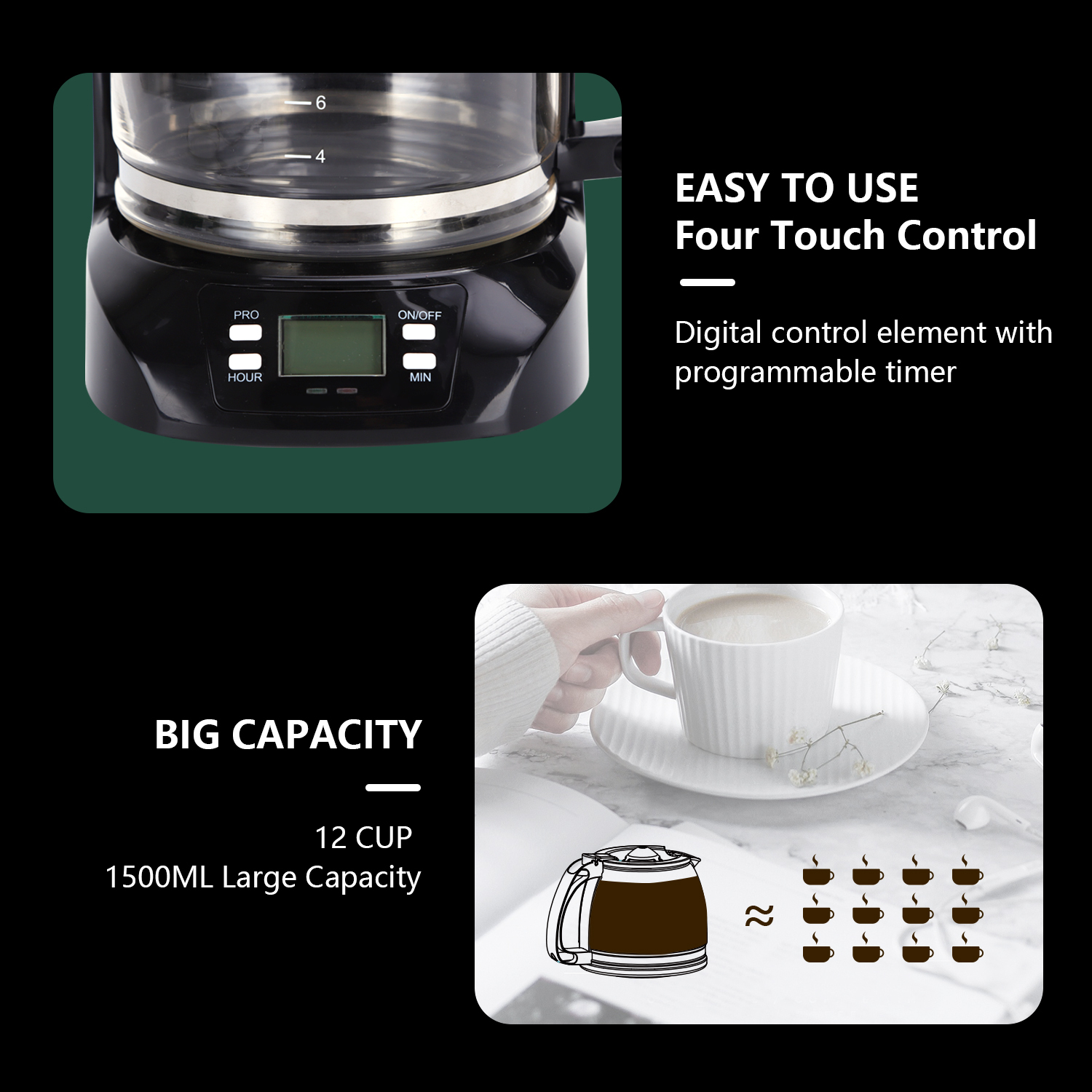 Aigostar Benno - Cafetière filtre programmable jusqu’à 24h. 800 W, 1,5L (12 tasses). Écran LCD, système anti-goutte, maintien au chaud 40min. 0% BPA.