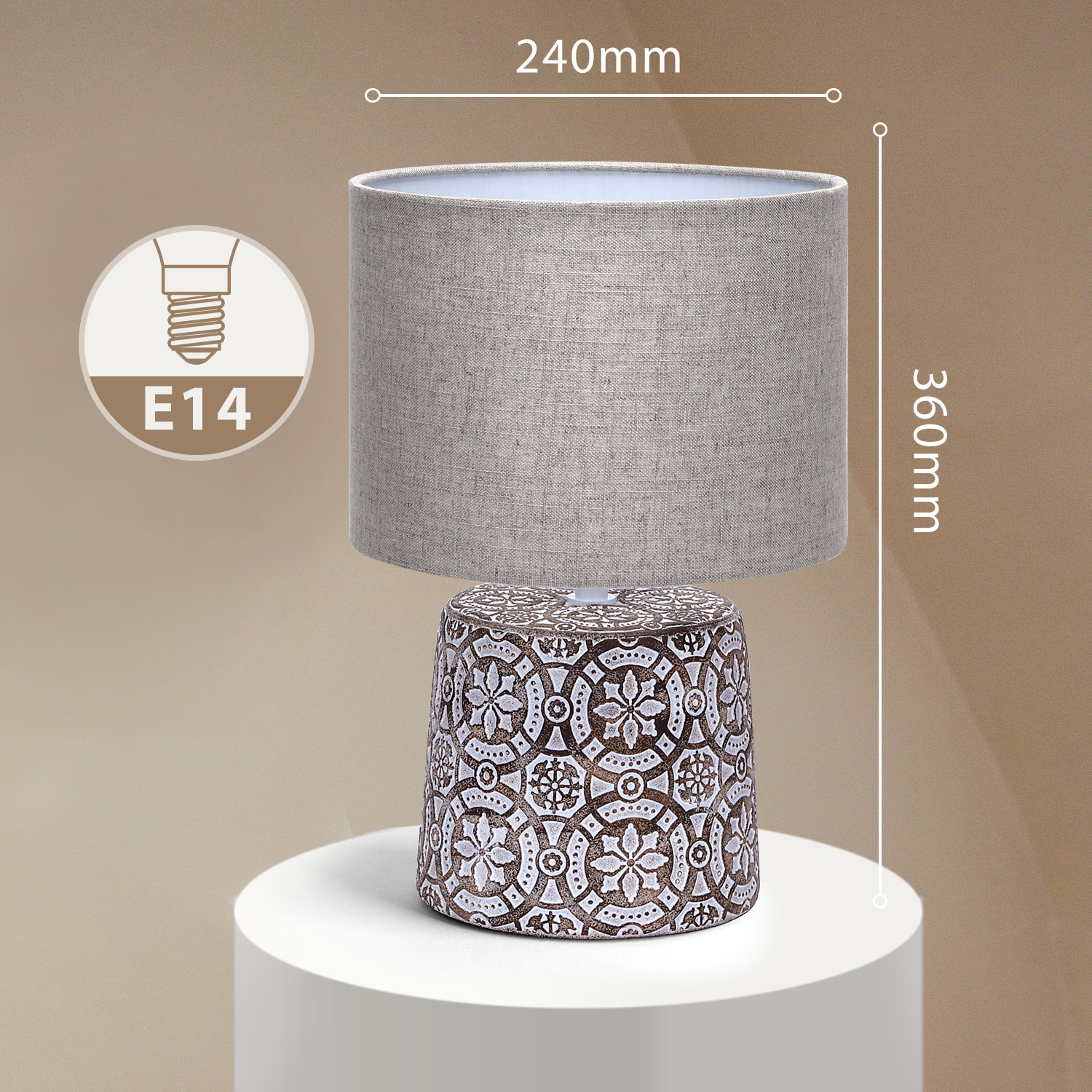 Aigostar lampada da tavolo E14 in ceramica con paralume in stoffa. Design vintage