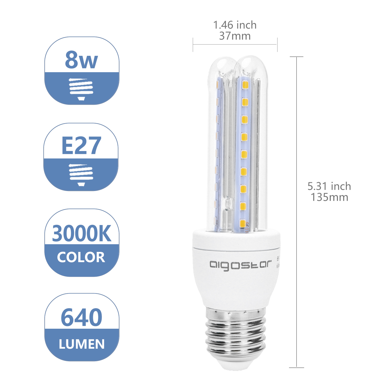 Aigostar - Confezione da 5 Lampadine LED B5 T3 2U, 8W, E27, 640 lumen, Luce Calda 3000K [Classe di efficienza energetica A+]