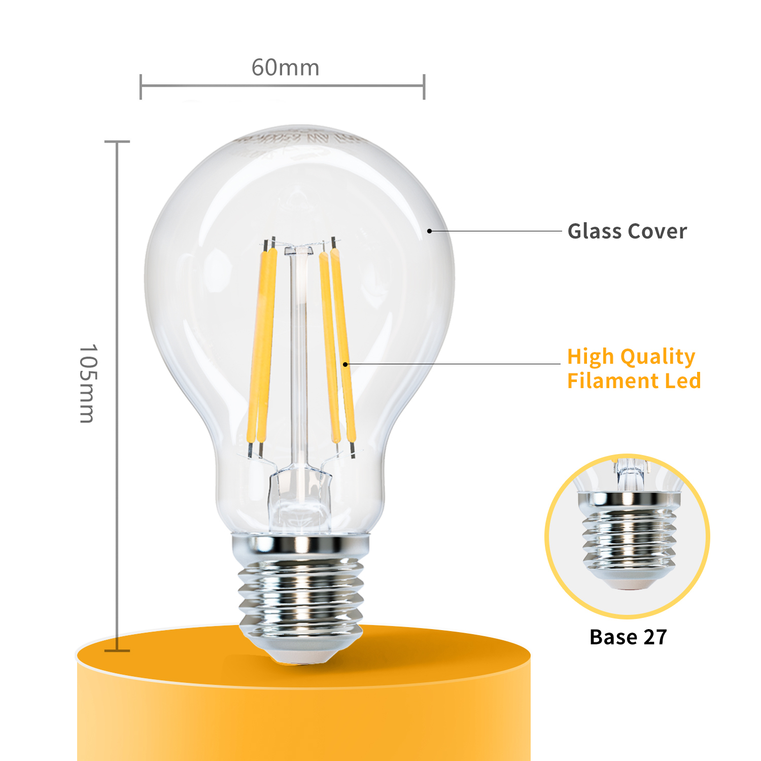 Aigostar - Bombilla LED E27 con Filamento 6W,blanco cálido (2700 K),700 lúmenes,ángulo de apertura: 360°.No regulable.Pack de 5 uds