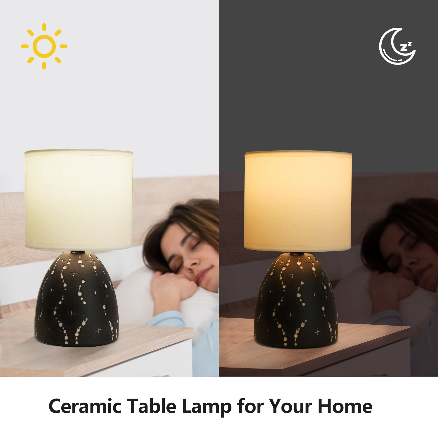 Aigostar lampada da tavolo E14 in ceramica con paralume in stoffa. Design vintage.