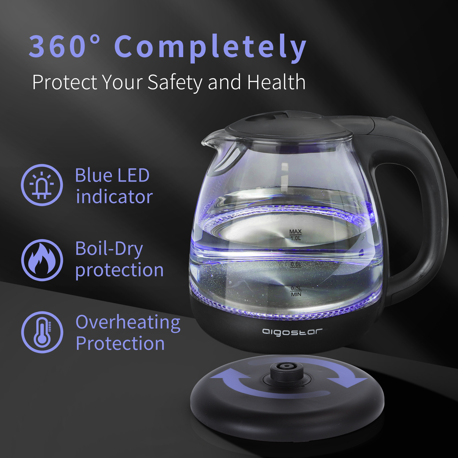 Aigostar Glas Wasserkocher 1 Liter mit LED-Beleuchtung, 2200W,  Reisewasserkocher Klein, Schnellkochfunktion, Abschaltautomatik  Trockenschutz, BPA frei, schwarz.