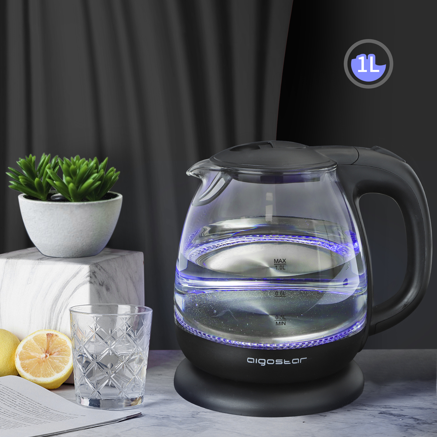 Aigostar Glas Wasserkocher 1 Liter mit LED-Beleuchtung, 2200W,  Reisewasserkocher Klein, Schnellkochfunktion, Abschaltautomatik  Trockenschutz, BPA frei, schwarz.