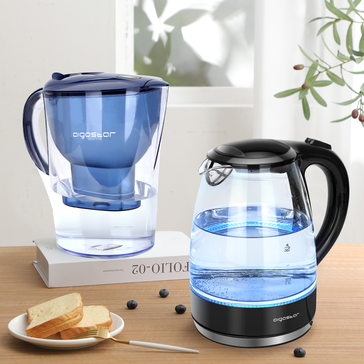 Aigostar pack Tee  –  Aigostar Adam Borosilikatglas Wasserkocher + Aigostar Pure Wasserfilter Blau inkl 3 Filterkartuschen Filter Starterpaket zur Reduzierung von Kalk
