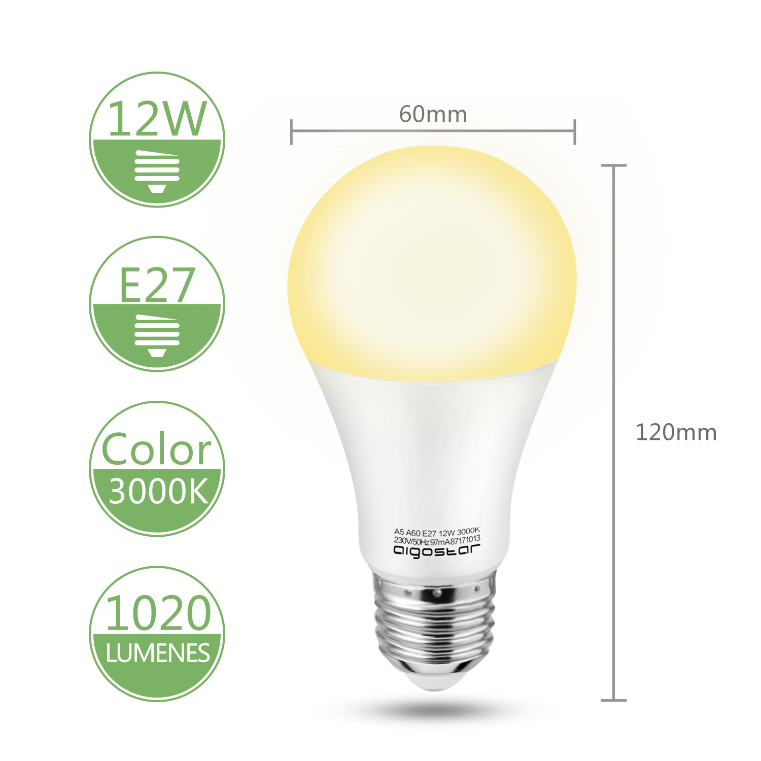 Aigostar - LED Lampe E27, warmes Licht 3000K, 12W(ersetzt 71W), 984 Lumen, Multipack mit 5 Lampen.[Energieklasse A+]