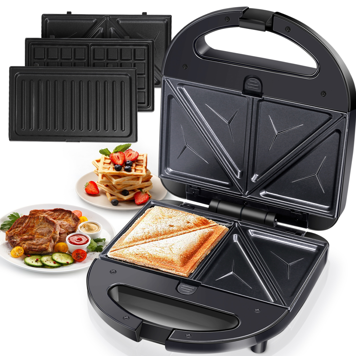 Aigostar Sandwich Maker Panini Press Grill, 3 in 1 Waffle Maker with Removable Non-stick Plates, Electric Grilled Cheese Maker, Portable Cool Touch Handle, Led Indicator Lights & Easy to Clean, 750W