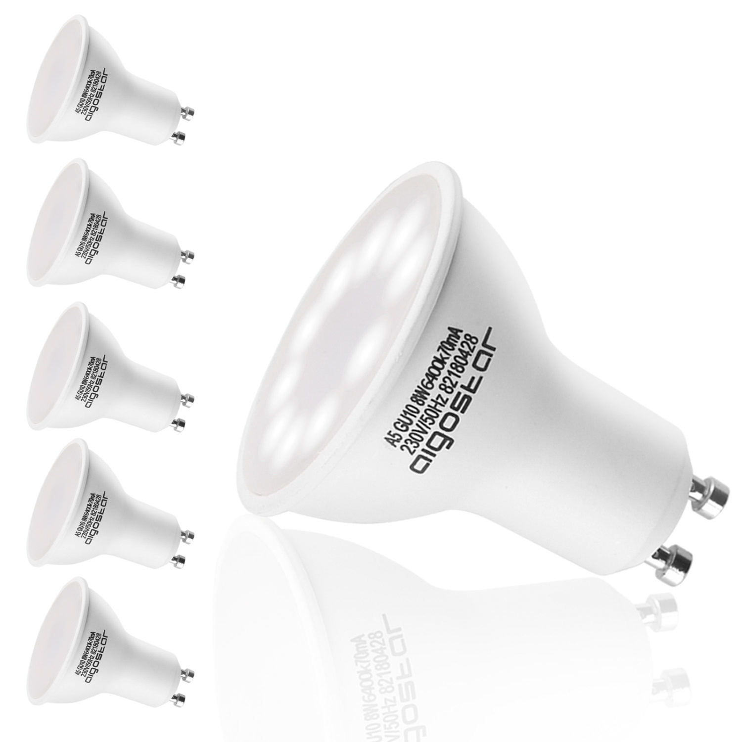 Aigostar - LED Lampe GU10, 8W(ersetzt 48W), Kaltweißes Licht 6400K, 600lumen, 5er Pack[Energieklasse A+]