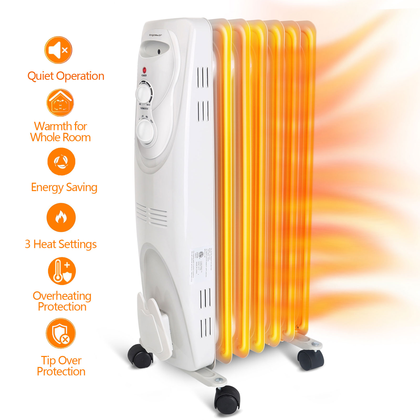 New White Electric 1500w 7 Fin Oil Filled Portable Heater Adjustable Radiator 