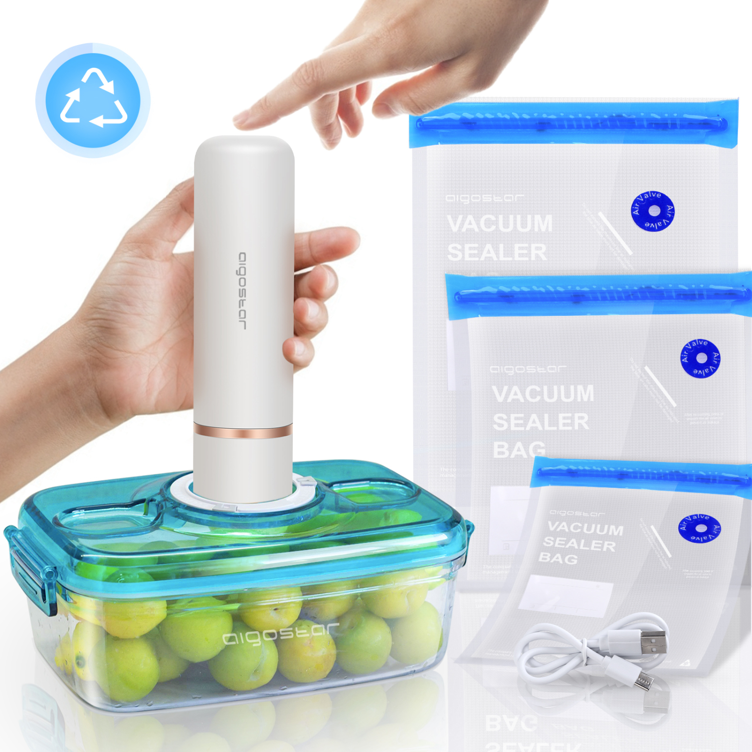 Aigostar Fresh – Pack mini pompe scelleuse sous vide automatique, sacs sous vide et récipient à vide. Faciles à utiliser, sûrs et économique. Chargement USB.