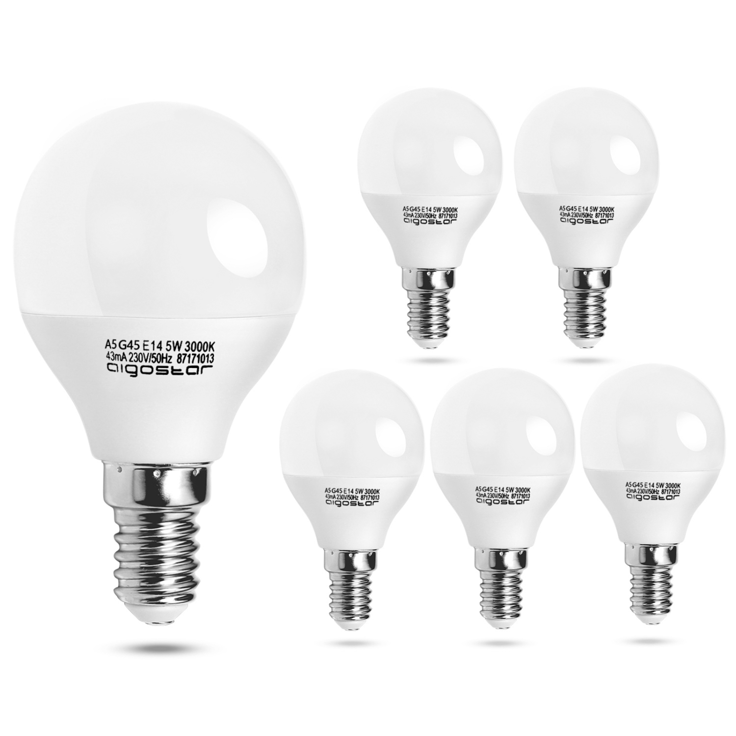 Aigostar - Confezione da 5 Lampadine Sfericas LED A5 G45, 5W, Attacco Piccolo E14, Luce Calda 3000K[Classe di efficienza energetica A+]