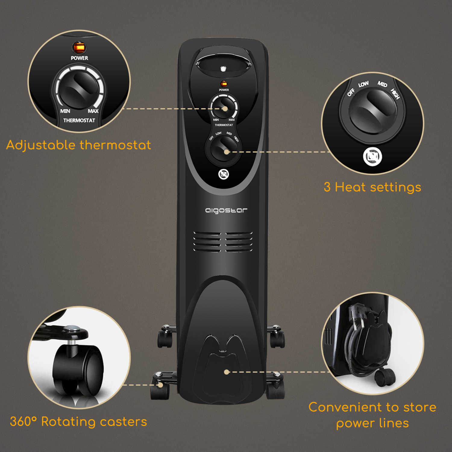 Aigostar Tummie  33JIE – Radiador de aceite  de 11 elementos, 2300 Watios, dispone de 3 ajustes de potencia y control termostático de temperatura. Color negro. Diseño exclusivo.