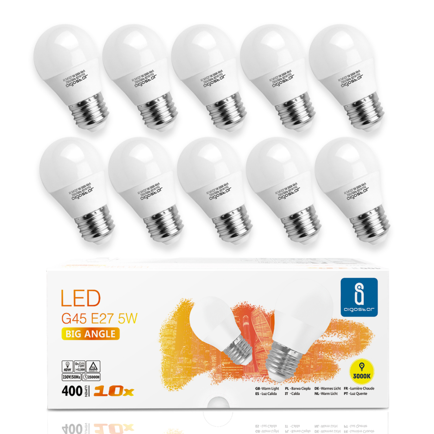 LED Lampe E27 5W Warmweiß warmes Licht 3000K, 400 Lumen, 280 Grad Abstrahlwinkel, Multipack mit 10 Lampen