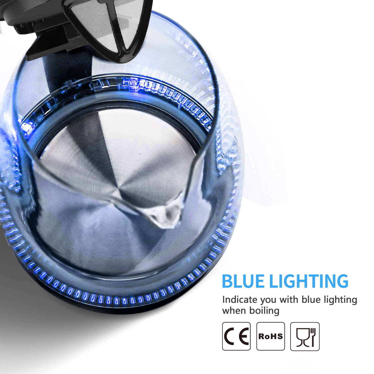 Aigostar Adam Borosilikatglas Wasserkocher mit LED-Beleuchtung, 2200 Watt, 1,7 Liter, Edelstahl 360°-Sockel, Abschaltautomatik, Trockenlaufschutz, Kalkfilter, BPA frei, Schwarz.