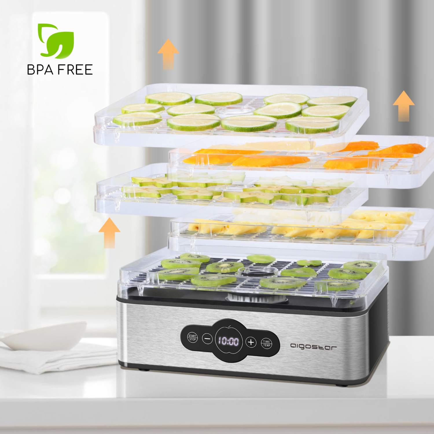 Aigostar Crispy - Deshidratador de alimentos, 240W, 5 bandejas, desecadora automática, deshidrata fruta, carne, verduras etc. controles digitales, ajuste manual de tiempo y temperatura. Libre de BPA.