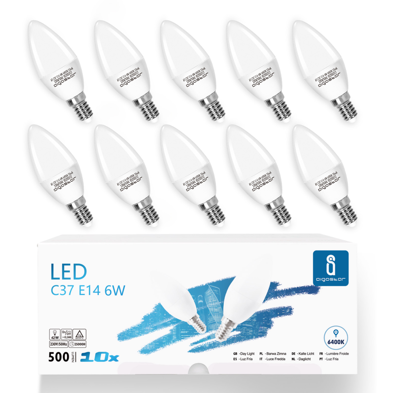 Led Kaltweiß E14 6W (ersetzt 40W), Leuchtmittel Birne Lampe 6400K 500 Lumen, Abstrahlwinkel 260 Grad Glühbirnen Kerzenform C37 10er Verpack