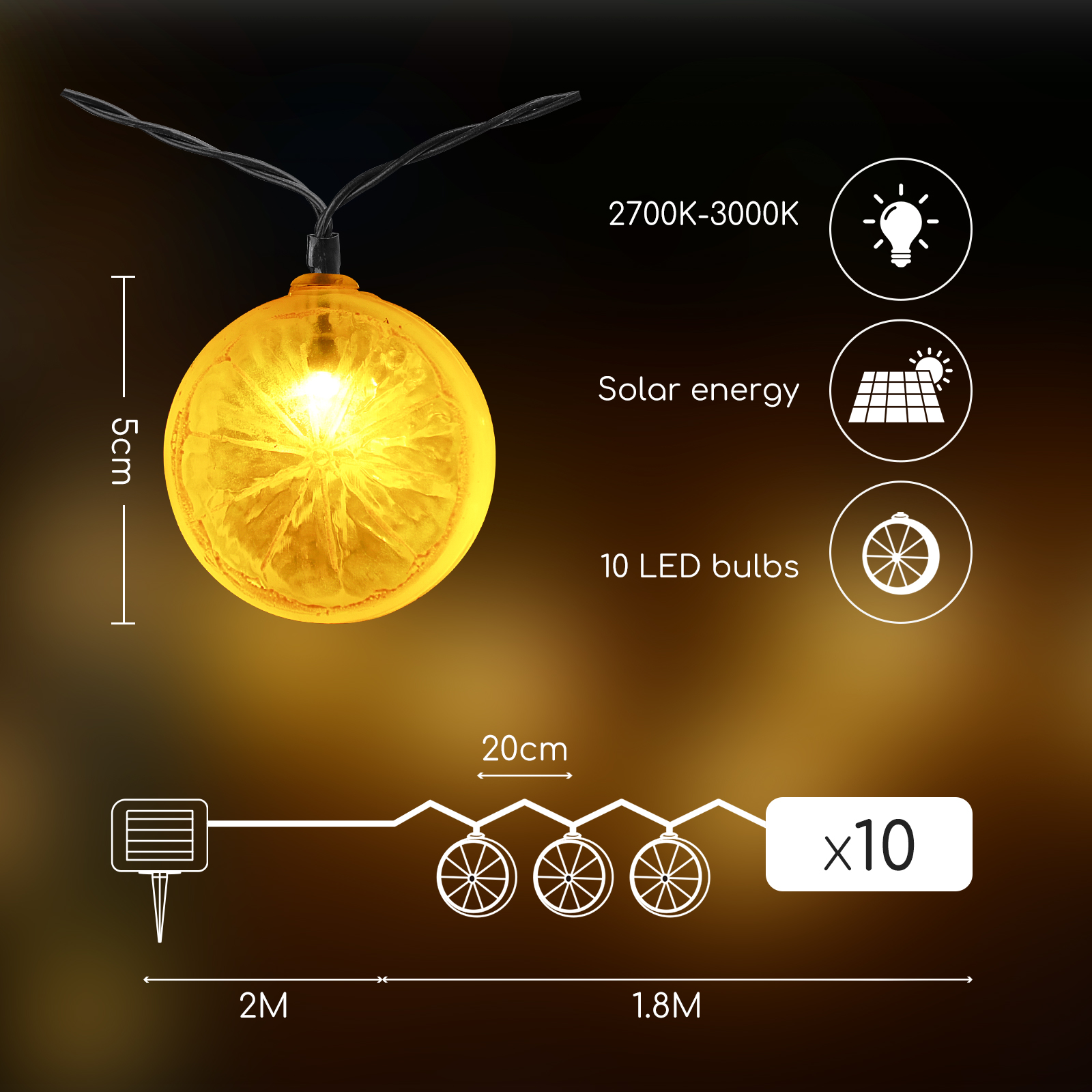 Aigostar - Luci a Stringa Solare, 10 LED Lemon Slices da 3,8m.(208844)