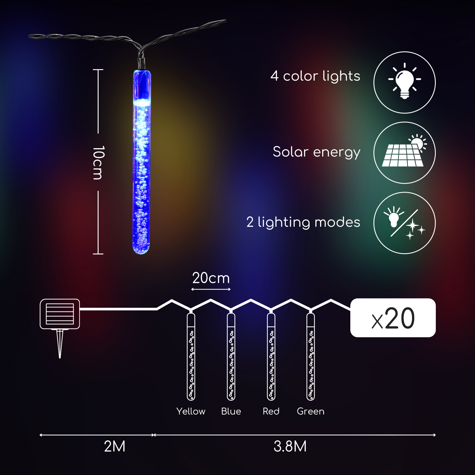 Aigostar - Guirlande solaire à LED. 5,8 mètres, 20 ampoules en forme de tube rouge(208868)
