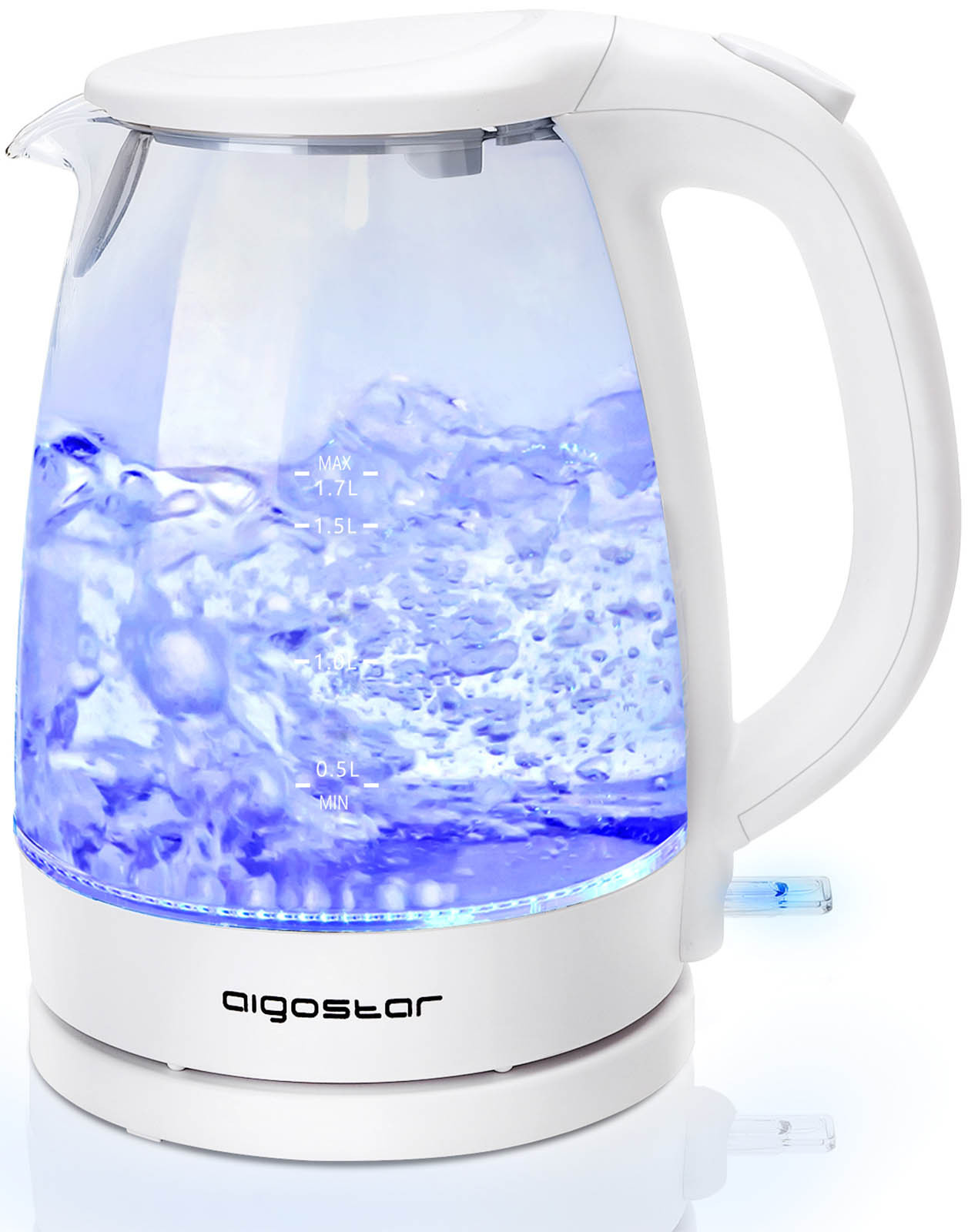 Aigostar Eve - Glas Wasserkocher mit LED-Beleuchtung, 2200 Watt, 1,7 Liter, Edelstahl, Trockengehschutz, Auto-Off, BPA frei, weiß.