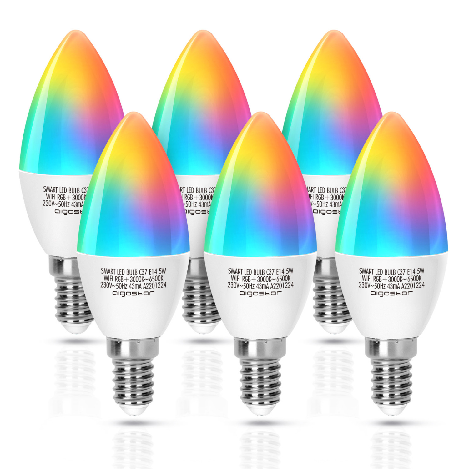 Aigostar E14 Glühbirne, Smart Lampe Wlan Mehrfarbige Dimmbare ,funktioniert mit Alexa und Google Home, 5W LED Kerze Lampe, dimmbar 3000K-6500K und RGBW, kein Hub erforderlich, 2.4GHz (6Packs)