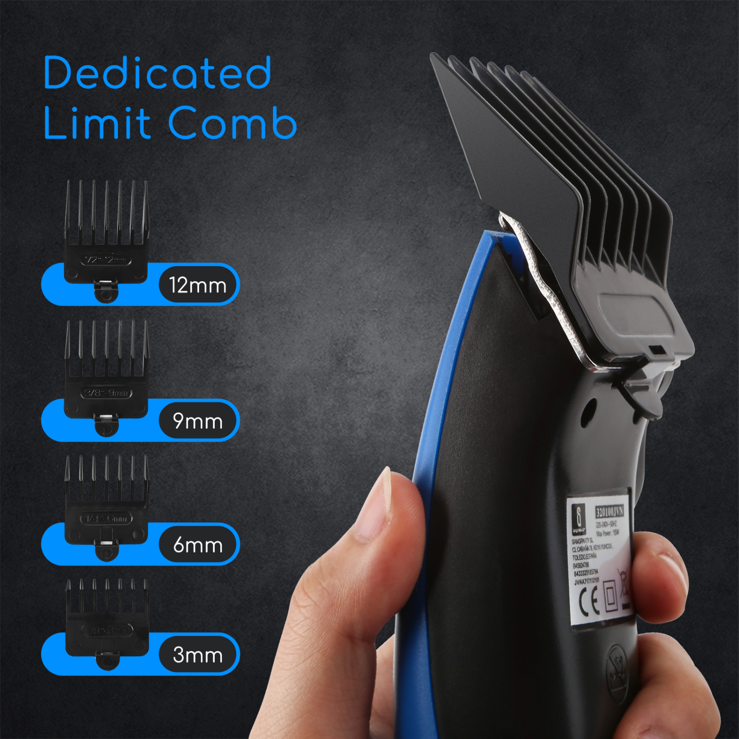 Aigostar Blueflash 32JVN - Maquinilla para cortar el pelo, incluye 4 peines guía y kit completo de mantenimiento, 15 W de potencia y 3 ajustes, cable extralargo. Color azul. Diseño exclusivo.