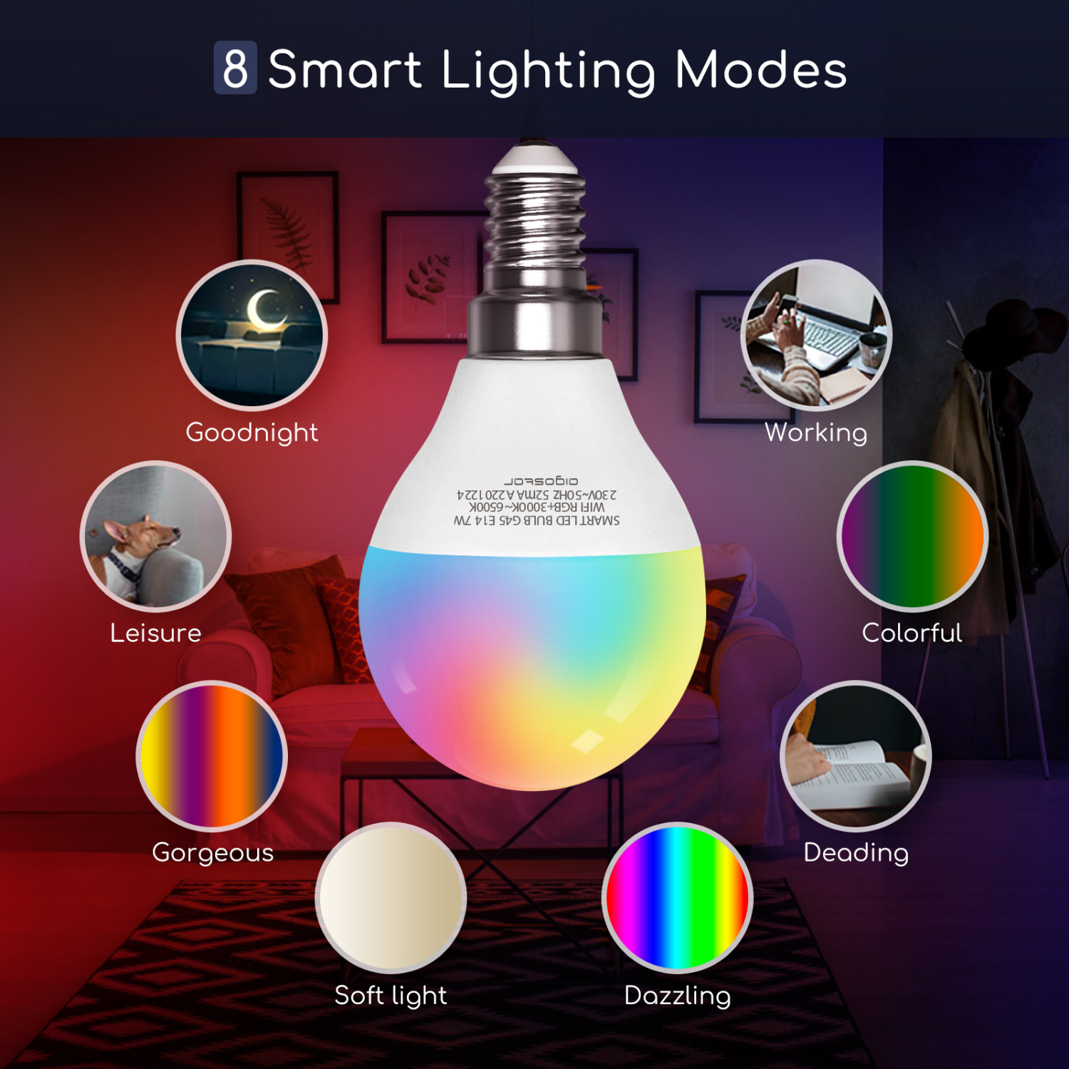 Aigostar Intelligente WLAN-Glühbirne G45 E14 Schraubfassung, WLAN-Smart Switch, funktioniert mit Alexa und Google Home, wechselt Farbe, 5W LED-Glühbirnen, dimmbar 3000K-6500K Weißlicht und RGB, kein Hub erforderlich [Energieklasse A+]