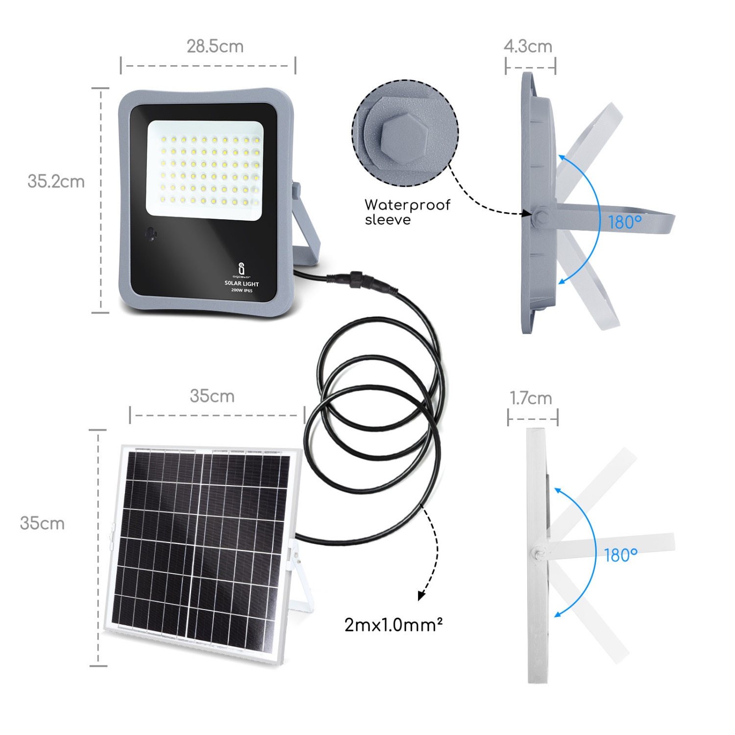 Aigostar - Faretto solare LED per esterni con telecomando da 200W, luce bianca 6500k. Faretto solare crepuscolare con funzione timer, IP65 resistenze alla pioggia