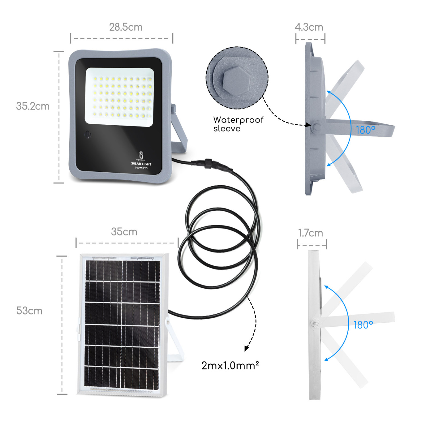 Aigostar - Faretto solare LED per esterni con telecomando da 300W, luce bianca 6500k. Faretto solare crepuscolare con funzione timer, IP65 resistenze alla pioggia