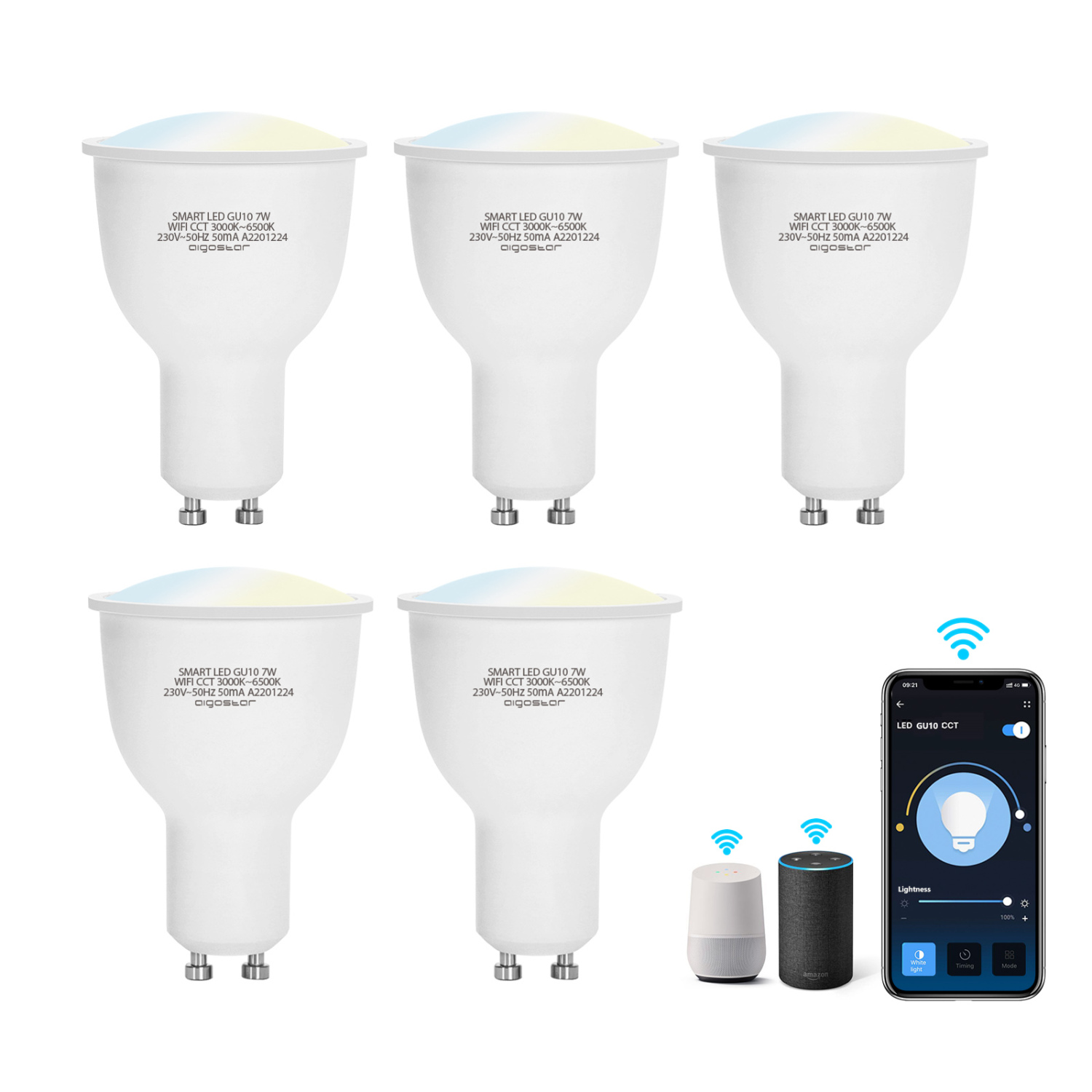 Aigostar Smart Lampen GU10 Wlan Alexa Glühbirnen Dimmbare Wlan+CCT, funktioniert mit Alexa und Google Home, 7W Smarte Glühbirne, 450 lm, 3000K-6500K, Sprachsteuerung, 2.4GHz (5 Packs)